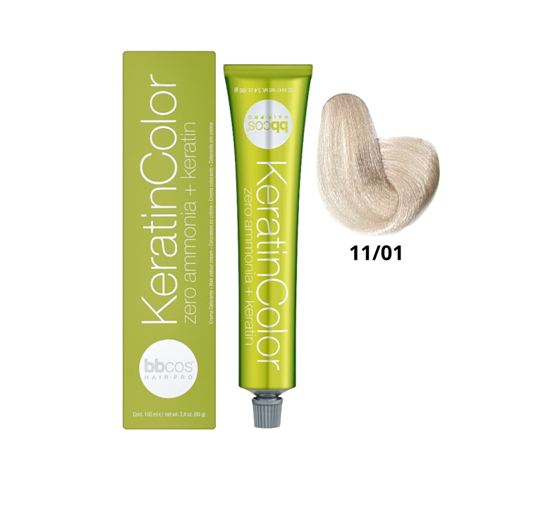 Крем-краска для волос безаммиачная BBcos Keratin Color 11/01 блондин очень светлый натуральный пепельный 100мл