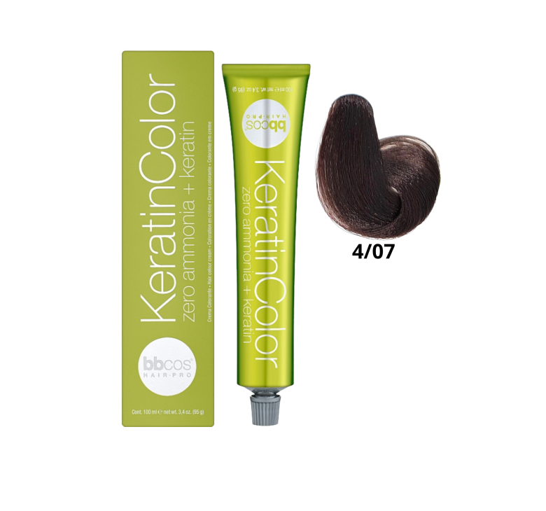 Крем-краска для волос безаммиачная BBcos Keratin Color 4/07 каштановый натуральный табачный 100мл