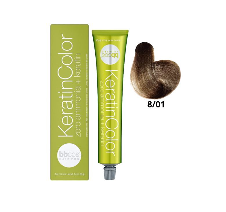 Крем-краска для волос безаммиачная BBcos Keratin Color 8/01 блондин светлый натуральный пепельный 100мл