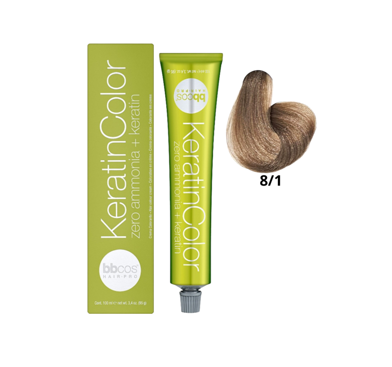 Крем-краска для волос безаммиачная BBcos Keratin Color 8/1 блондин светло-пепельный 100мл