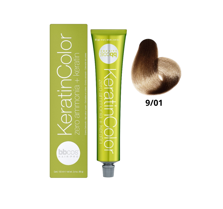 Крем-краска для волос безаммиачная BBcos Keratin Color 9/01 блондин очень светлый натуральный пепельный 100мл