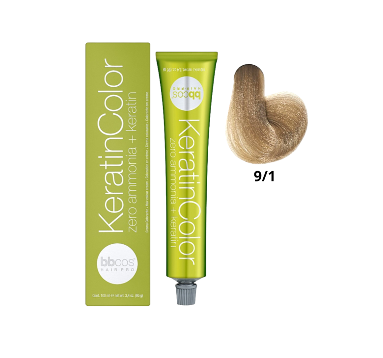 Крем-краска для волос безаммиачная BBcos Keratin Color 9/1 блондин очень светло-пепельный 100мл