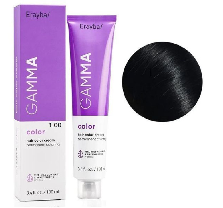 Крем-фарба для волосся Erayba Gamma Color Haircolor Cream 1/00 Натуральний чорний 100мл
