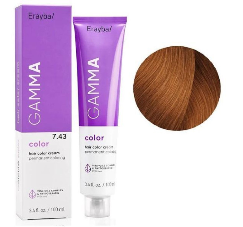 Крем-фарба для волосся Erayba Gamma Color Haircolor Cream 7/43 Мідно-золотистий блонд 100мл