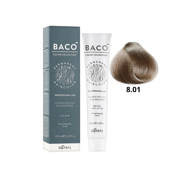 Стойкая крем-краска для волос Kaaral Baco Permanent Hair Color 8.01 светлый натурально-пепельный блонд 100мл