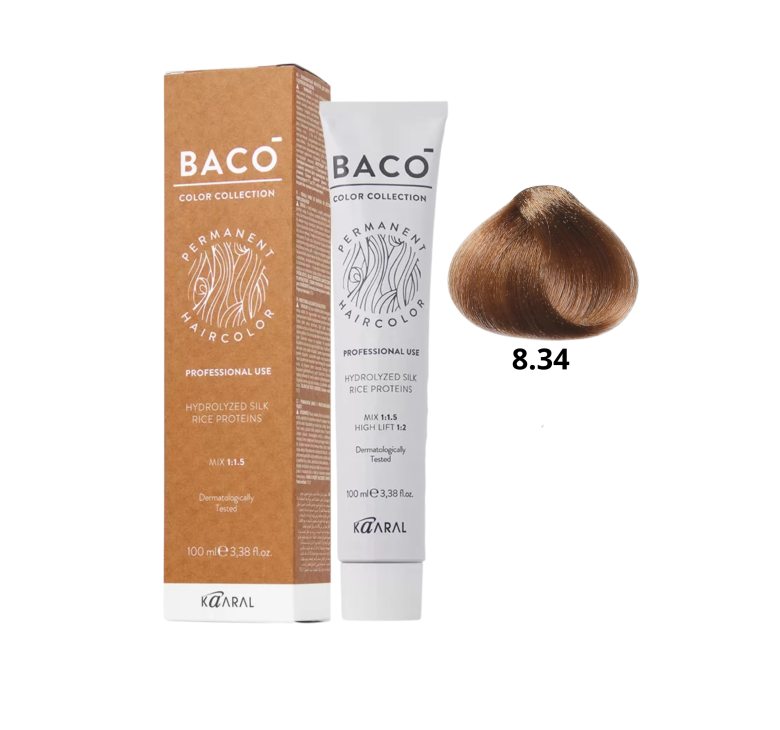 Стойкая крем-краска для волос Kaaral Baco Permanent Hair Color 8.34 блондин светлый золотисто-медный 100мл